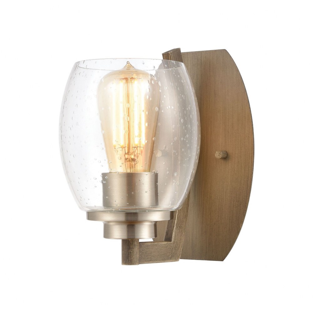 Elk Lighting-46420/1-Bixler - 1 Light Wall Sconce in Transitional Style with Art Deco and Retro inspirations - 8 Inches tall and 5 inches wide   Light Wood/Satin Nickel Finish with Seedy Glass