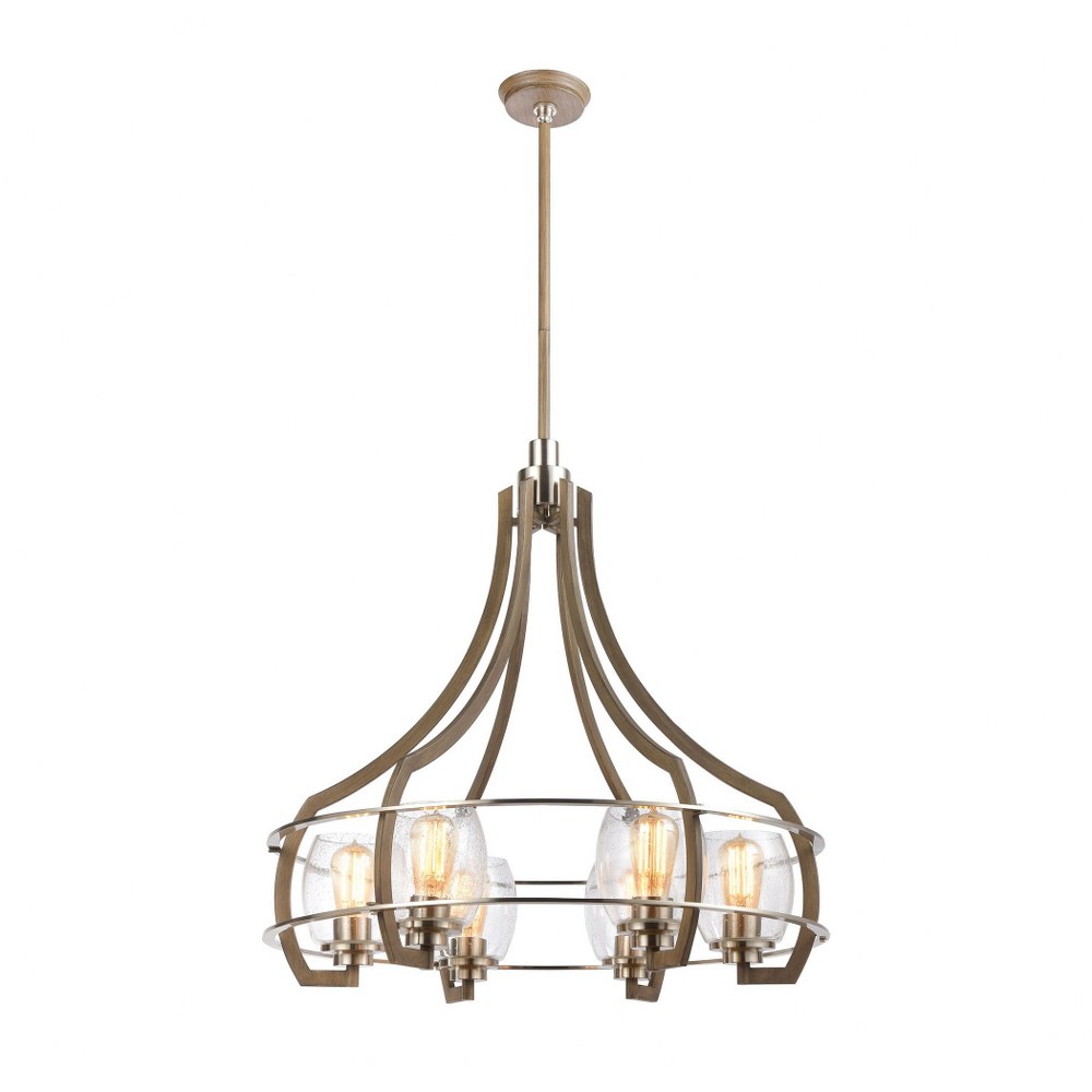 Elk Lighting-46425/6-Bixler - 6 Light Chandelier in Transitional Style with Art Deco and Retro inspirations - 28 Inches tall and 27 inches wide   Light Wood/Satin Nickel Finish with Seedy Glass