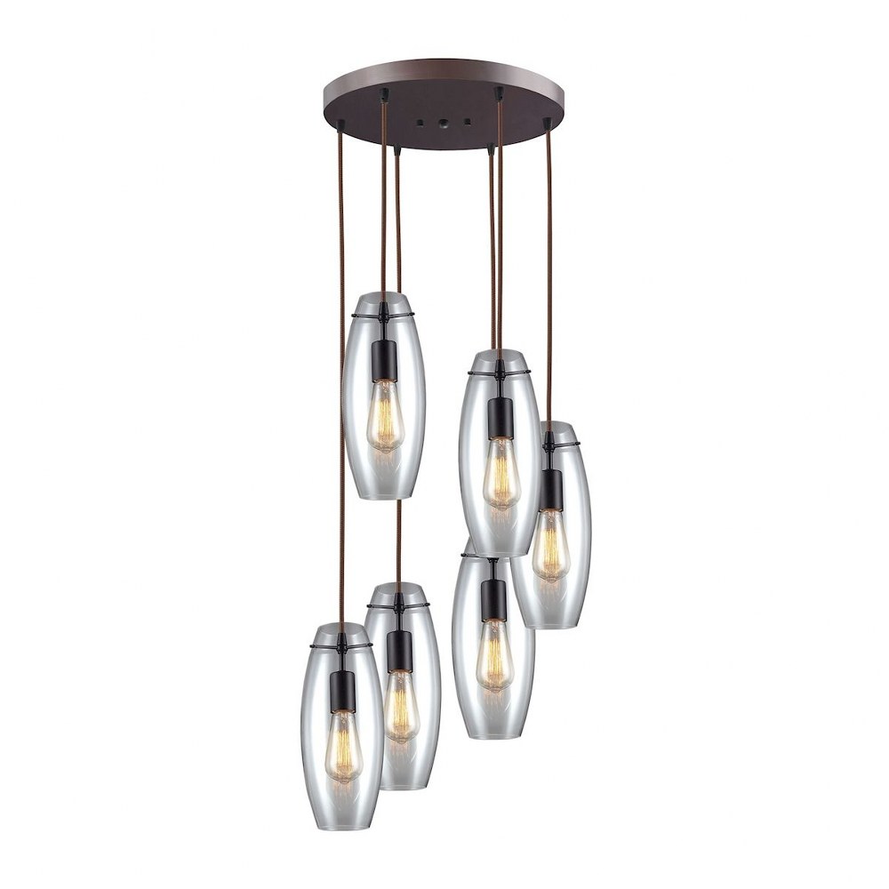 Elk Lighting-60044-6R-Menlow Park - 6 Light Round Pendant in Transitional Style with Retro and Scandinavian inspirations - 6 Inches tall and 15 inches wide   Oil Rubbed Bronze Finish with Smoked Glass