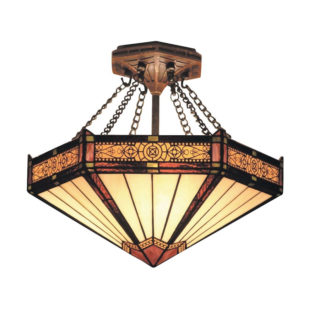 Elk Lighting-621-AB-Filigree - 3 Light Semi-Flush Mount in Traditional Style with Mission and Victorian inspirations - 13 Inches tall and 14 inches wide   Aged Bronze Finish with Tiffany Glass