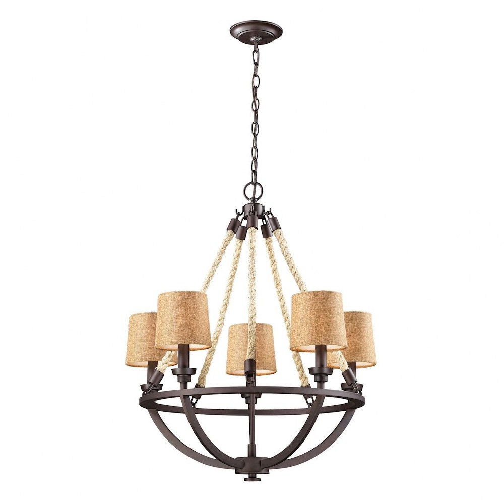 Elk Lighting-63015-5-Natural Rope - 5 Light Chandelier in Transitional Style with Modern Farmhouse and Coastal/Beach inspirations - 29 Inches tall and 22 inches wide   Aged Bronze Finish with Tan Line