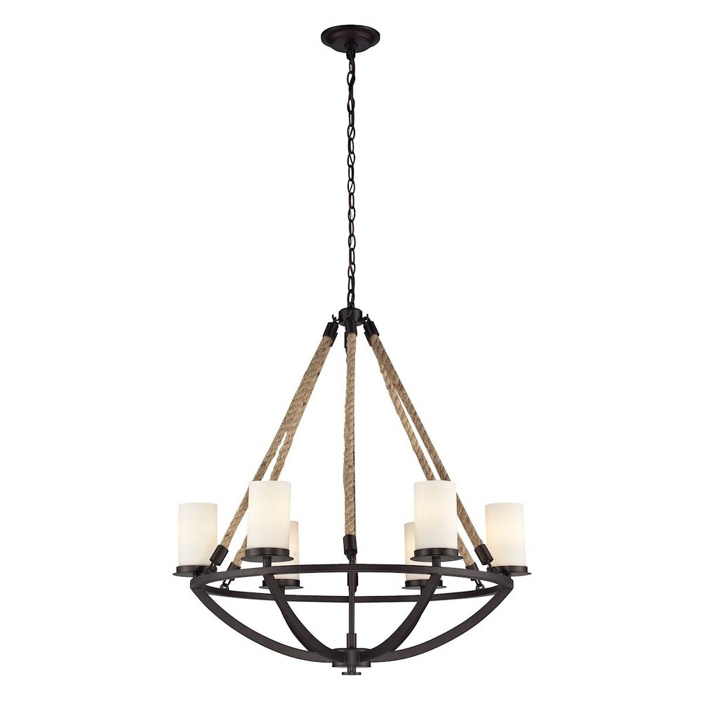 Elk Lighting-63042-6-Natural Rope - 6 Light Chandelier in Transitional Style with Modern Farmhouse and Coastal/Beach inspirations - 32 Inches tall and 29 inches wide   Aged Bronze Finish with White Gl