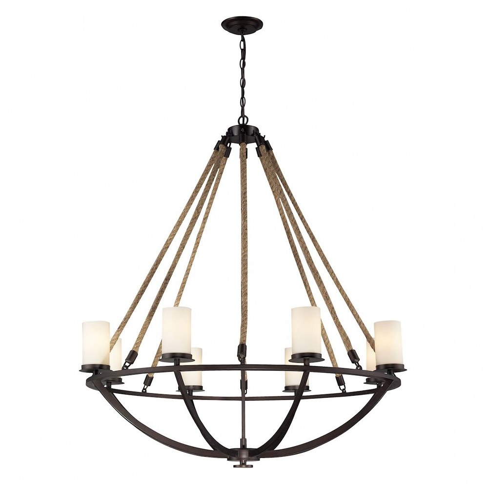 Elk Lighting-63043-8-Natural Rope - 8 Light Chandelier in Transitional Style with Modern Farmhouse and Coastal/Beach inspirations - 44 Inches tall and 41 inches wide   Aged Bronze Finish with White Gl