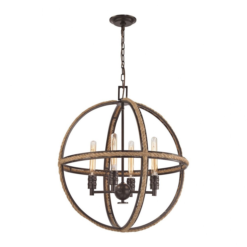 Elk Lighting-63065-4-Natural Rope - 4 Light Chandelier in Transitional Style with Modern Farmhouse and Coastal/Beach inspirations - 27 Inches tall and 24 inches wide   Oil Rubbed Bronze Finish