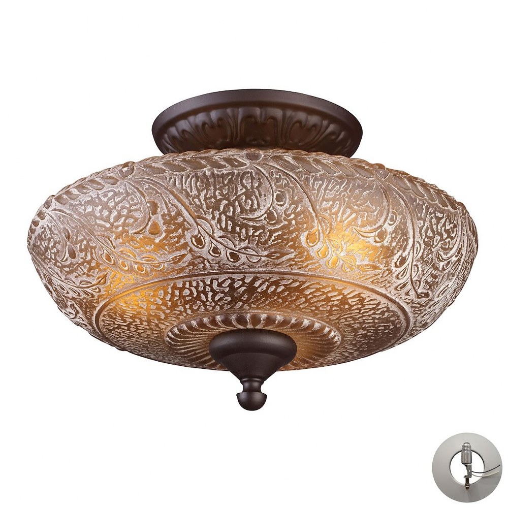 Elk Lighting-66191-3-LA-Norwich - 3 Light Semi-Flush Mount in Traditional Style with Victorian and Vintage Charm inspirations - 9.5 Inches tall and 14 inches wide   Oiled Bronze Finish with Amber Glas