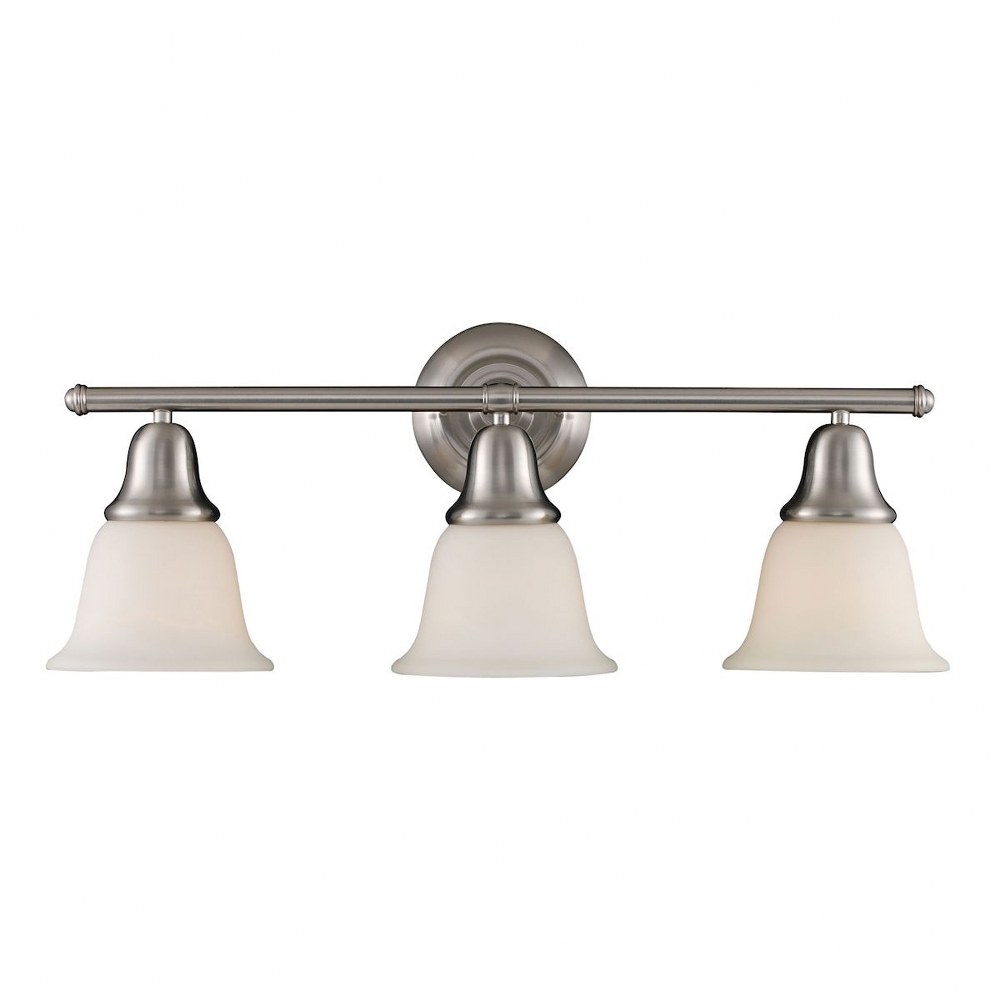 Elk Lighting-67022-3-Berwick - 3 Light Bath Vanity in Transitional Style with Vintage Charm and Rustic inspirations - 8 Inches tall and 27 inches wide   Brushed Nickel Finish with White Glass