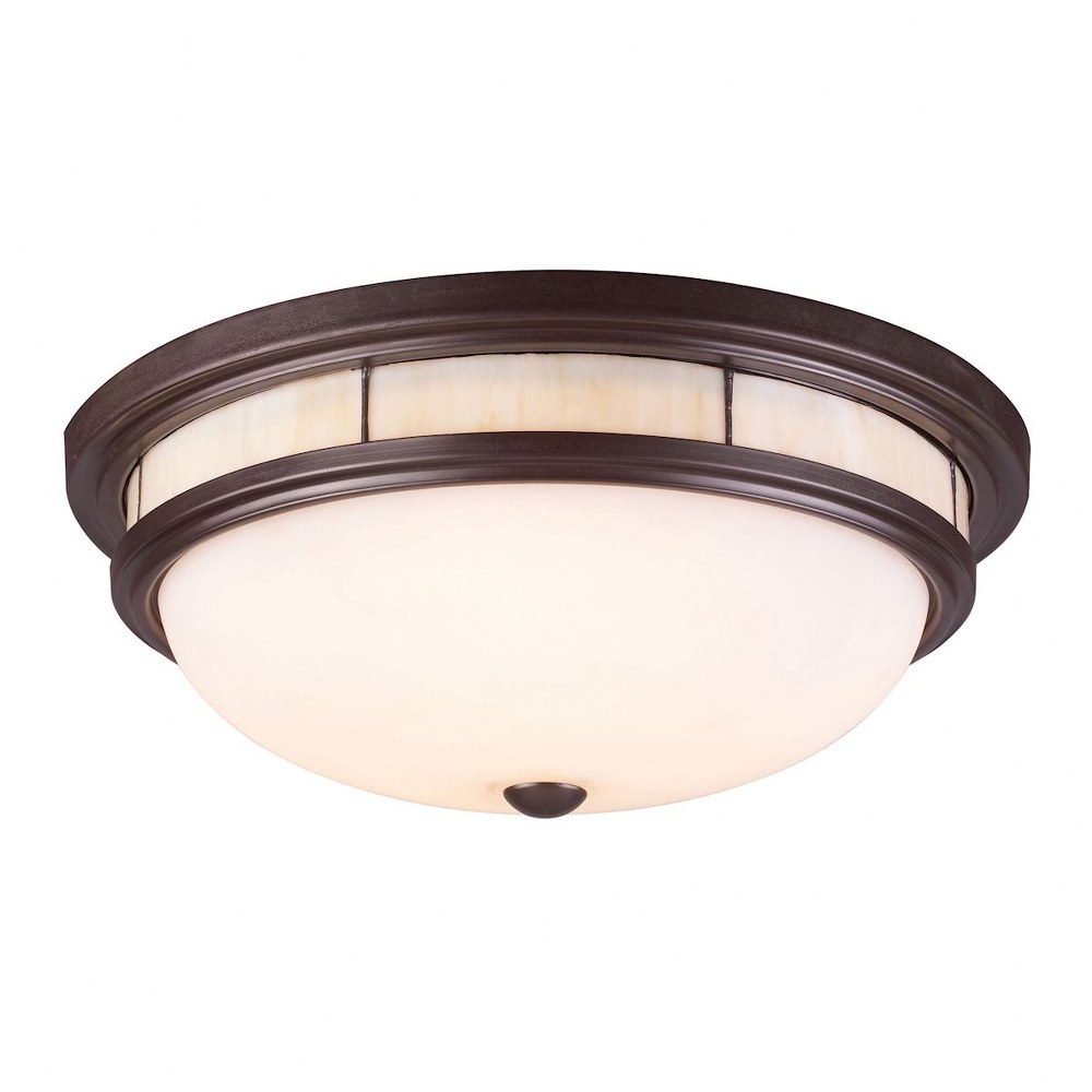 Elk Lighting-70014-3-Tiffany Flushes - 3 Light Flush Mount in Transitional Style with Mission and Scandinavian inspirations - 6 Inches tall and 16 inches wide   Oiled Bronze Finish with White Art Glas