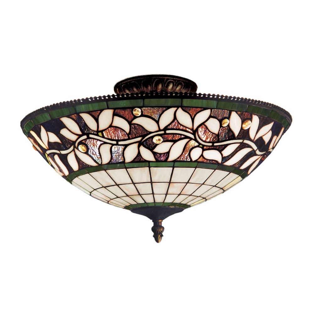 Elk Lighting-933-TB-English Ivy - 3 Light Semi-Flush Mount in Traditional Style with Victorian and Vintage Charm inspirations - 8 Inches tall and 16 inches wide   Tiffany Bronze Finish with Tiffany Gl