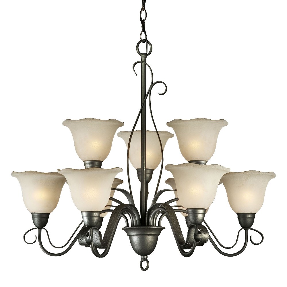 Forte Lighting-2343-09-11-Lester - 9 Light Chandelier-29 Inches Tall and 32 Inches Wide   Natural Iron Finish with Shaded Umber Glass