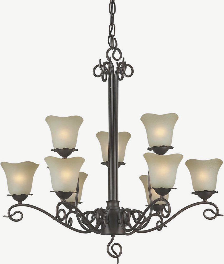 Forte Lighting-2363-09-32-Sutter - 9 Light Chandelier-30 Inches Tall and 32 Inches Wide   Antique Bronze Finish with Shaded Umber Glass