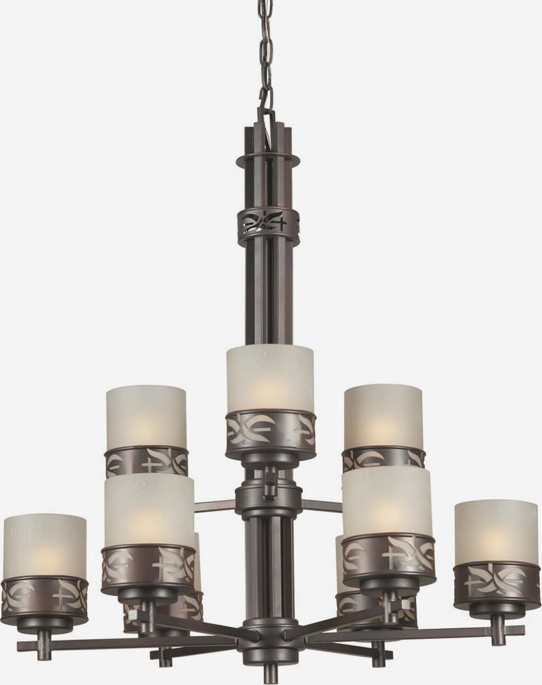 Forte Lighting-2534-09-32-Len - 9 Light Chandelier-31 Inches Tall and 28 Inches Wide   Antique Bronze Finish with Umber Linen Glass