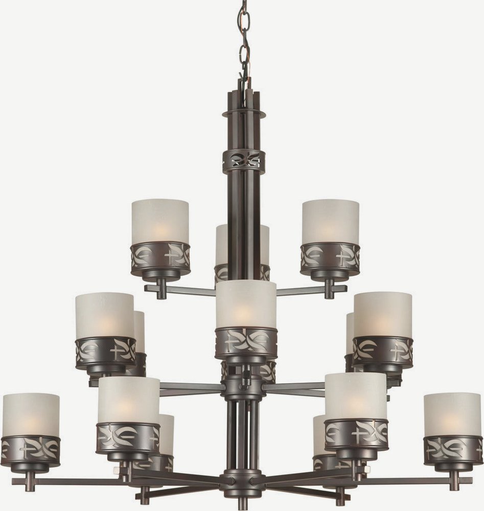 Forte Lighting-2534-15-32-Len - 15 Light Chandelier-34 Inches Tall and 37.5 Inches Wide   Antique Bronze Finish with Umber Linen Glass