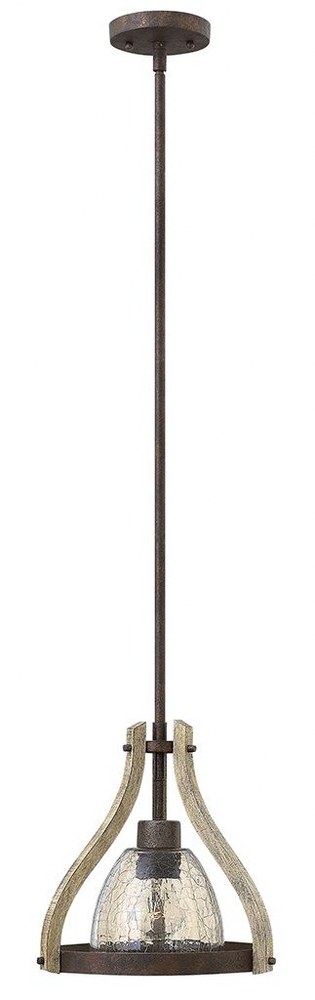 Fredrick Ramond Lighting-FR40577IRR-Middlefield-1 Light Rustic Small Small Pendant with Wood and Metal Design-12 Inches Wide by 11 Inches Tall   Iron Rust Finish with Smoked Crackle Glass