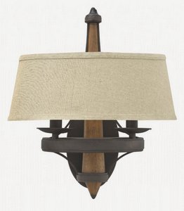 Fredrick Ramond Lighting-FR41242VBZ-Bastille-2 Light Rustic Wall Sconce with Wood and Metal Design and Bistro Linen Shade-15 Inches Wide by 16.25 Inches Tall   Vintage Bronze Finish with Off-White Lin