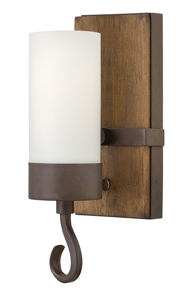 Fredrick Ramond Lighting-FR48430IRN-Cabot-1 Light Rustic Wall Sconce with Wood and Metal Design-4.5 Inches Wide by 11.5 Inches Tall   Rustic Iron Finish with Etched Opal Glass