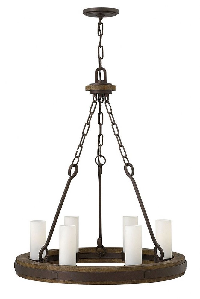 Fredrick Ramond Lighting-FR48435IRN-Cabot-6 Light Small Rustic Wheel Chandelier with Wood and Metal Design-24 Inches Wide by 25 Inches Tall   Rustic Iron Finish with Etched Opal Glass