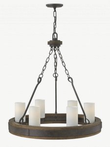 Fredrick Ramond Lighting-FR48436IRN-Cabot-6 Light Medium Rustic Wheel Chandelier with Wood and Metal Design-28 Inches Wide by 29 Inches Tall   Rustic Iron Finish with Etched Opal Glass