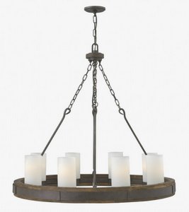 Fredrick Ramond Lighting-FR48439IRN-Cabot-8 Light Large Rustic Wheel Chandelier with Wood and Metal Design-38 Inches Wide by 35.5 Inches Tall   Rustic Iron Finish with Etched Opal Glass