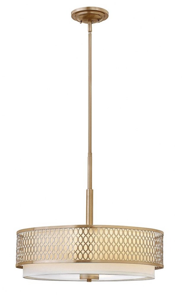Fredrick Ramond Lighting-FR35603BRG-Jules-Three Light Inverted Pendant-21 Inches Wide by 18.5 Inches Tall   Brushed Gold Finish with Etched Lens Glass with White Linen Shade