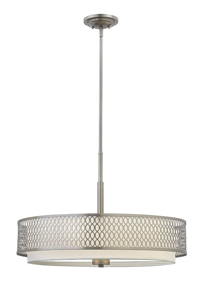 Fredrick Ramond Lighting-FR35604BNI-Jules-3 Light Transitional Large Drum Pendant Light with Stamped Oval Design-26 Inches Wide by 18.5 Inches Tall Brushed Nickel  Brushed Gold Finish with Etched Lens Glass with White Linen Shade