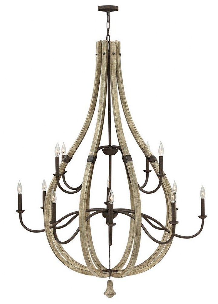Fredrick Ramond Lighting-FR40579IRR-Middlefield-12 Light Rustic Extra Large Open Frame 2-Tier Chandelier with Wood and Metal Design-48 Inches Wide by 61.5 Inches Tall   Iron Rust Finish