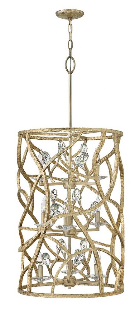 Fredrick Ramond Lighting-FR46808CPG-Eve-9 Light Large Organic Drum Chandelier with Clear Crystal and Metal-20 Inches Wide by 45 Inches Tall   Champagne Gold Finish