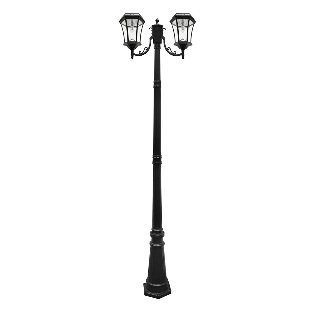 Gama Sonic-GS-94B-D-Victorian Bulb - 2700K LED Double Headed Solar Post Mount-87 Inches Tall and 25 Inches Wide   Black Finish with Beveled Glass