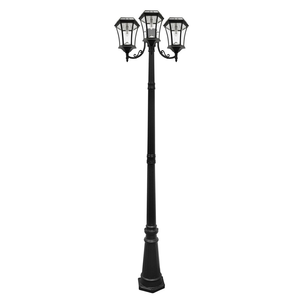 Gama Sonic-GS-94B-T-Victorian Bulb - 2700K LED Triple Head Solar Post Mount-87 Inches Tall and 25 Inches Wide   Black Finish with Beveled Glass
