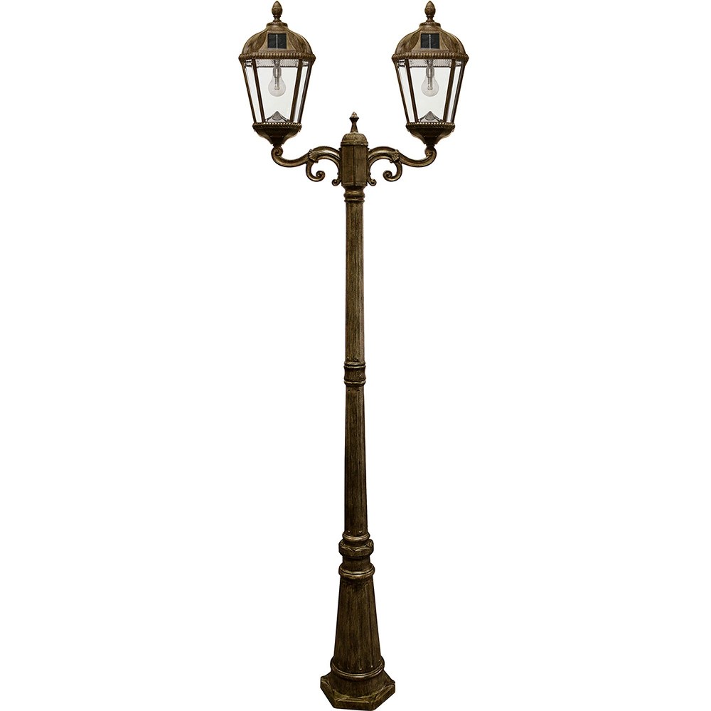 Gama Sonic-GS-98B-D-WB-Royal Bulb - 2700K LED Double Head Solar Poat Lamp-89 Inches Tall and 27 Inches Wide   Weathered Bronze Finish with Beveled Glass