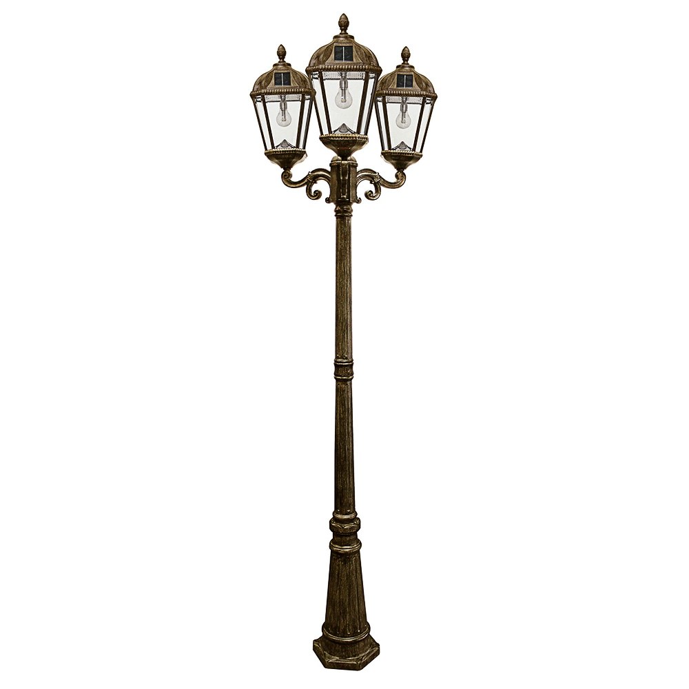 Gama Sonic-GS-98B-T-WB-Royal Bulb - 2700K LED Triple Head Solar Post Mount-89 Inches Tall and 27 Inches Wide   Weathered Bronze Finish with Beveled Glass