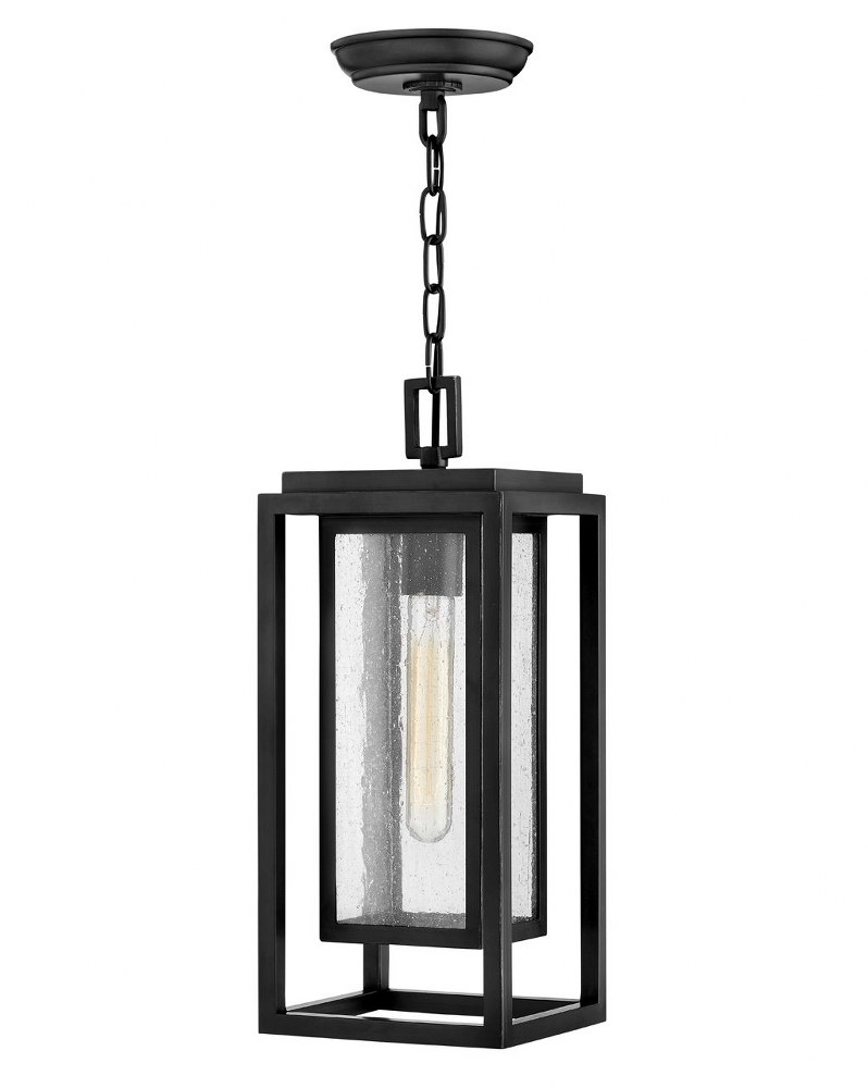 Hinkley Lighting-1002BK-LV-Republic - 1 Light Medium Outdoor Hanging Lantern in Transitional Style - 7 Inches Wide by 16.75 Inches High Black LED Satin Nickel Finish with Clear Seedy Glass