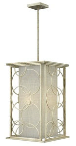 Hinkley Lighting-3284SL-Flourish - Four Light Small Foyer   Silver Leaf Finish with Etched Glass with Oatmeal Fabric Shade