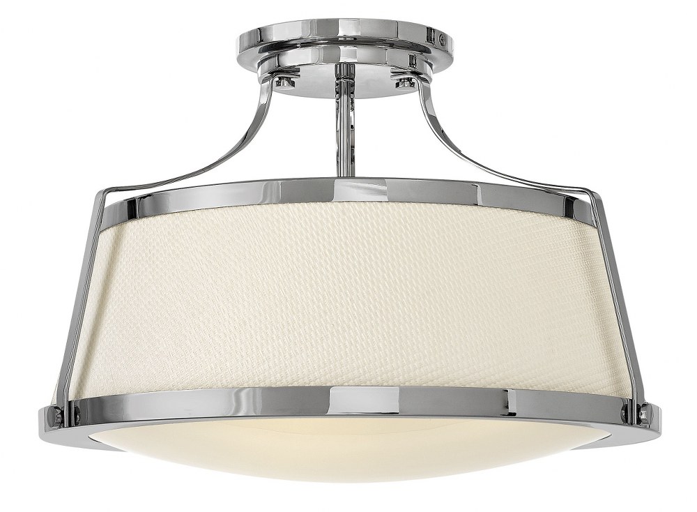 Hinkley Lighting-3522CM-Charlotte - Three Light Semi-Flush Mount Chrome Finish with Etched Opal Glass with Woven Off-White Fabric Shade