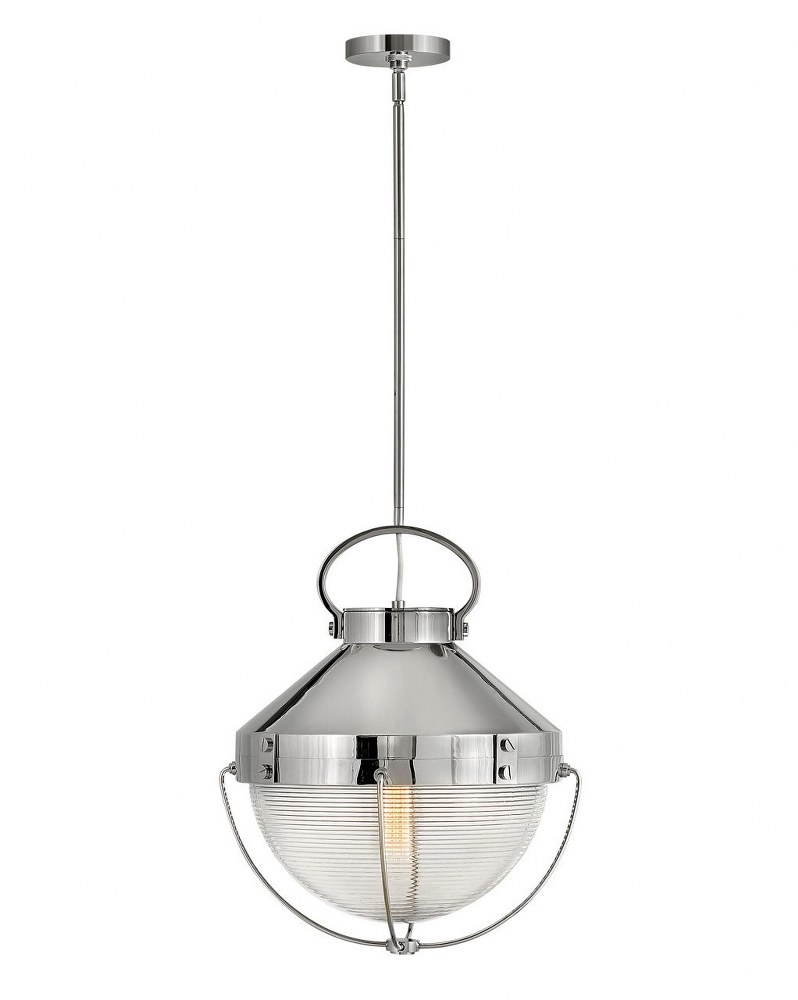 Hinkley Lighting-4844PN-Crew - 1 Light Medium Pendant in Coastal Industrial Style - 16 Inches Wide by 19.75 Inches High Polished Nickel  Heritage Brass Finish with Clear Ribbed Glass