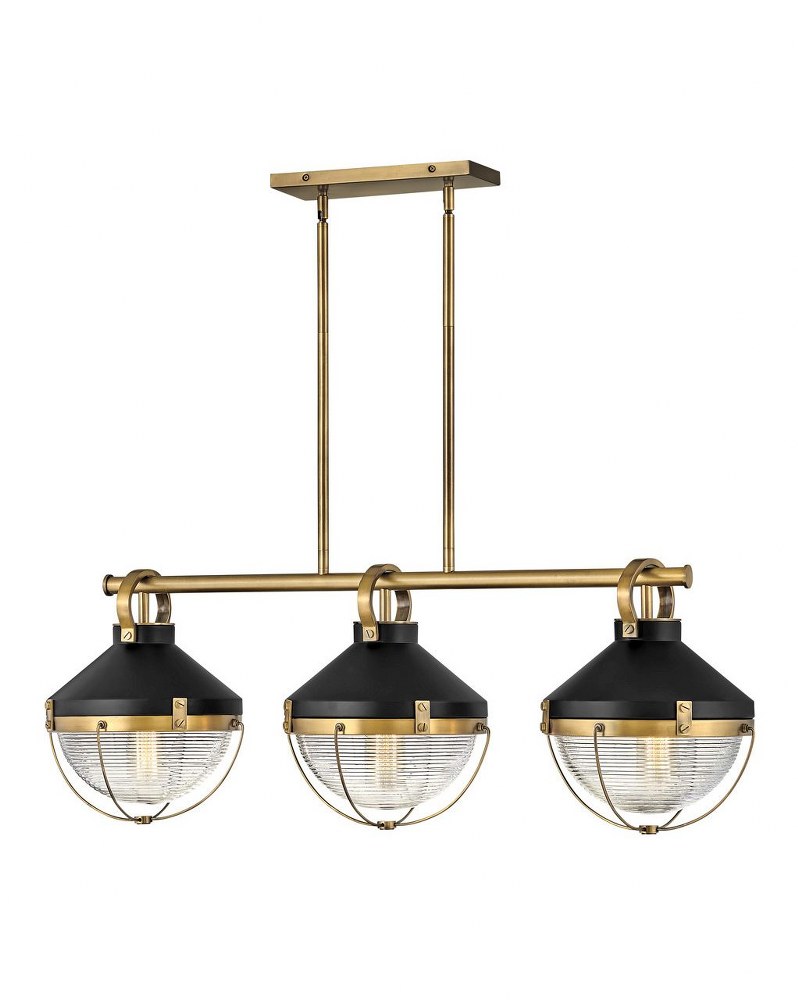 Hinkley Lighting-4846HB-Crew - 3 Light Linear Chandelier in Coastal Industrial Style - 42 Inches Wide by 14.25 Inches High Heritage Brass  Heritage Brass Finish with Clear Ribbed Glass