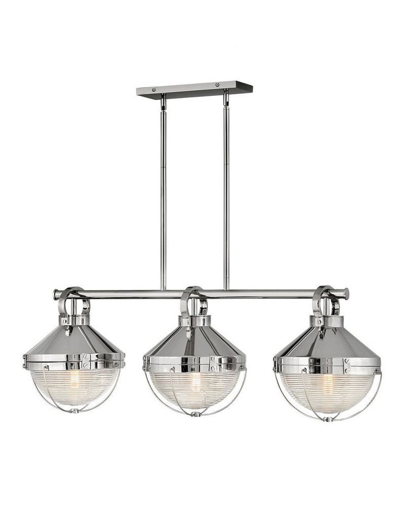 Hinkley Lighting-4846PN-Crew - 3 Light Linear Chandelier in Coastal Industrial Style - 42 Inches Wide by 14.25 Inches High Polished Nickel  Heritage Brass Finish with Clear Ribbed Glass