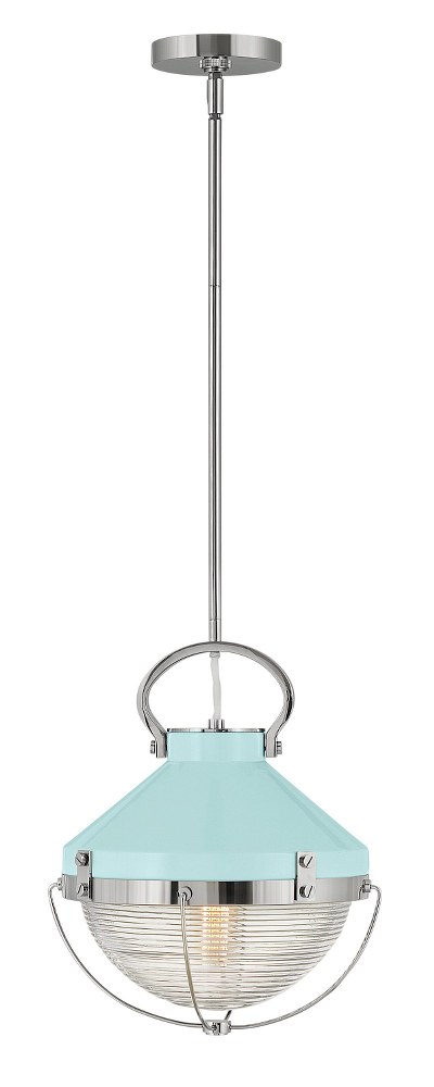 Hinkley Lighting-4847PN-REB-Crew - 1 Light Small Pendant in Coastal Industrial Style - 12 Inches Wide by 15.25 Inches High Polished Nickel/Robins-Egg Blue  Heritage Brass Finish with Clear Ribbed Glas