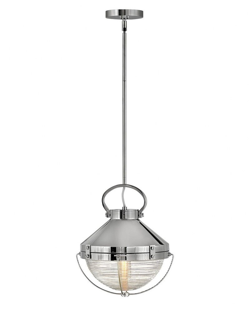 Hinkley Lighting-4847PN-Crew - 1 Light Small Pendant in Coastal Industrial Style - 12 Inches Wide by 15.25 Inches High   Polished Nickel Finish with Clear Ribbed Glass