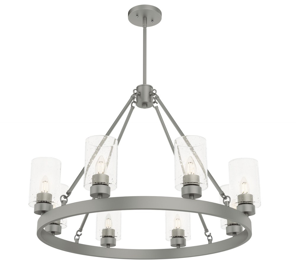 Hunter Fans-19010-Hartland 8-Light Wagon Wheel Chandelier in Casual Style-32 Inches Wide by 30.6 Inches High Matte Silver  Matte Silver Finish with Seeded Glass