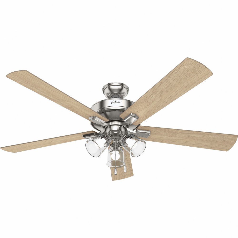 Hunter Fans-51097-Crestfield-5 Blade Ceiling Fan with Light Kit and Pull Chain in Transitional Style-60 Inches Wide by 18.96 Inches High   Brushed Nickel Finish with Natural Wood Blade Finish with Cle