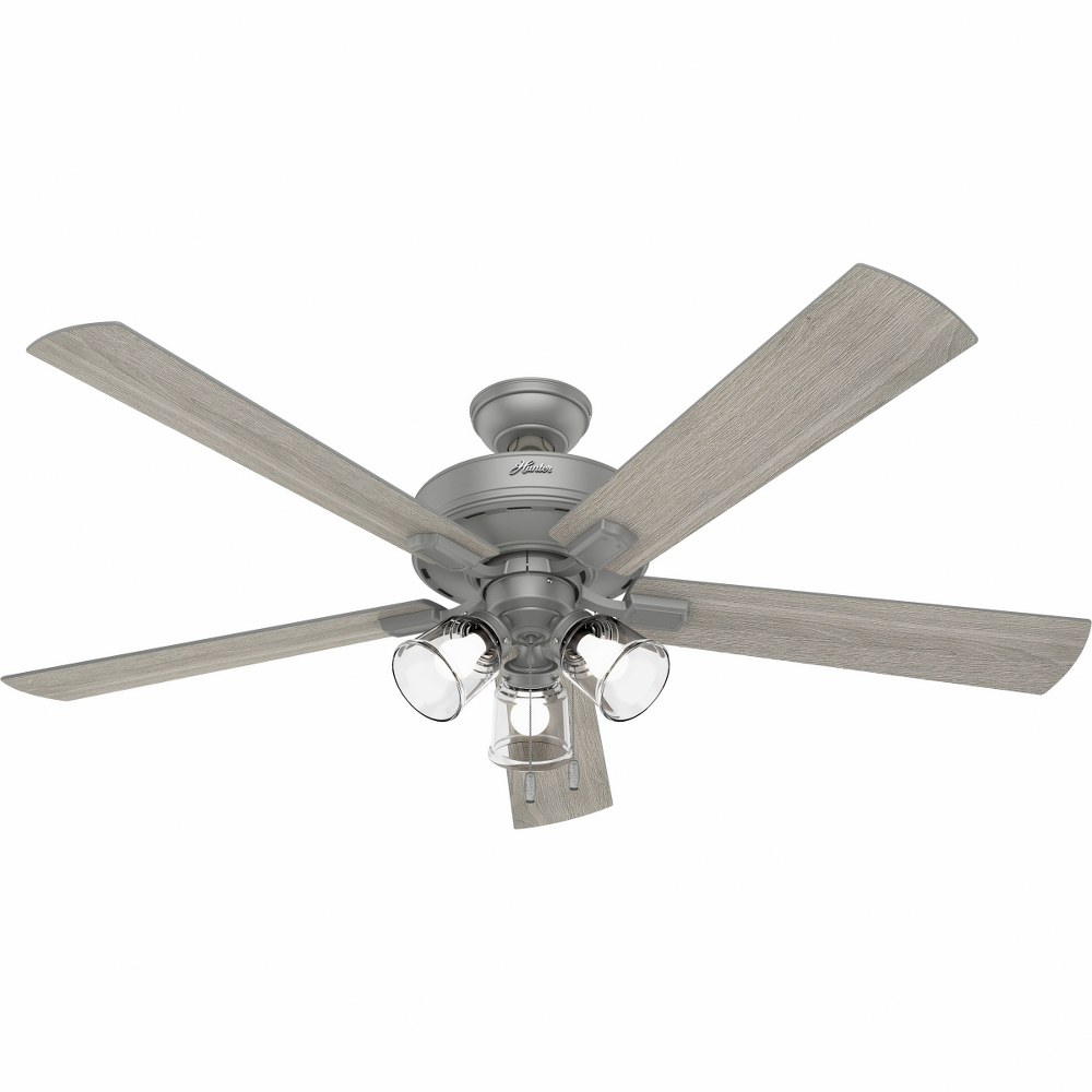 Hunter Fans-51098-Crestfield-5 Blade Ceiling Fan with Light Kit and Pull Chain in Transitional Style-60 Inches Wide by 18.96 Inches High   Matte Silver Finish with Light Gray Oak Blade Finish with Cle