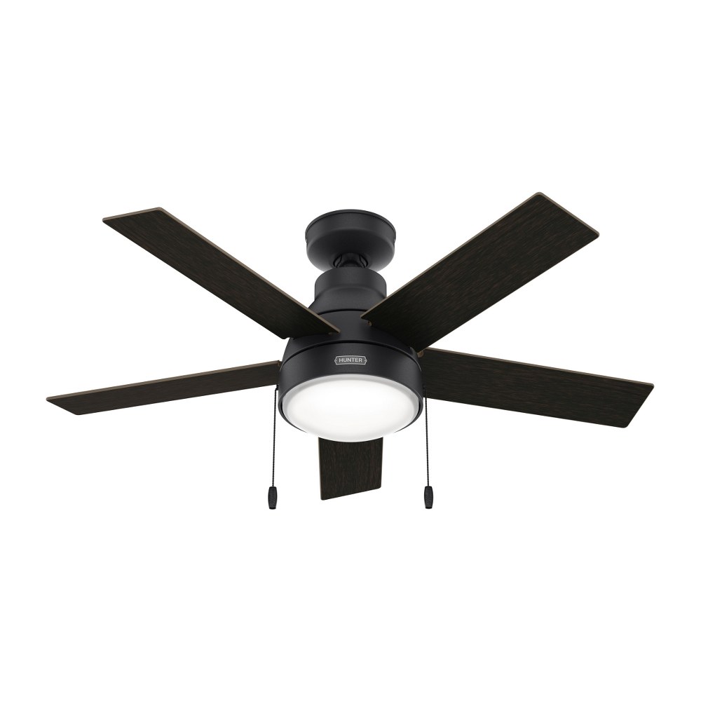 Hunter Fans-51445-Elliston - 44 Inch 5 Blade Ceiling Fan with Light Kit and Pull Chain In Industrial Style   Natural Iron Finish with Burnt Walnut Blade Finish with Painted Cased White Glass