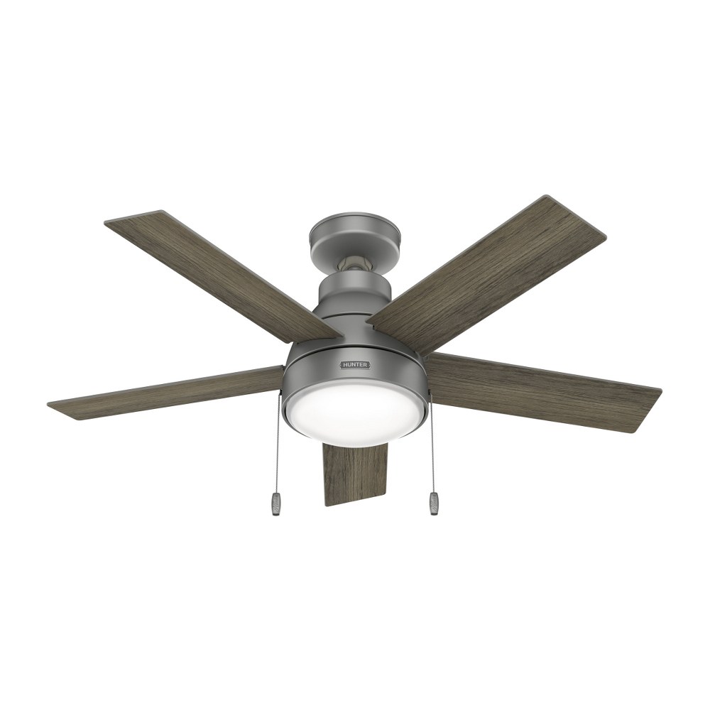 Hunter Fans-51446-Elliston - 44 Inch 5 Blade Ceiling Fan with Light Kit and Pull Chain In Industrial Style   Matte Silver Finish with Warm Grey Oak Blade Finish with Painted Cased White Glass