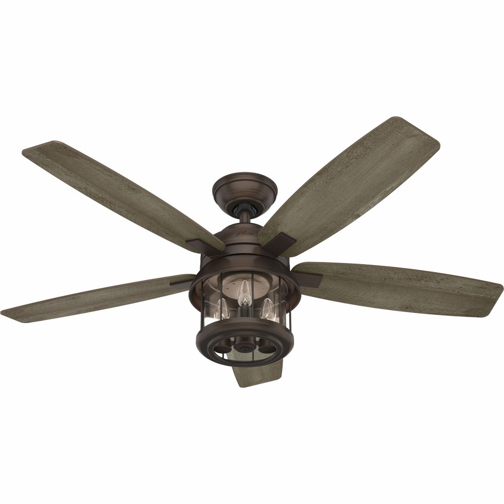 Hunter Fans-51469-Coral Bay - 52 Inch 5 Blade Ceiling Fan with Light Kit and Handheld Remote   Weathered Copper Finish with Grey Pine/Drifted Oak Blade Finish with Clear Seeded Glass