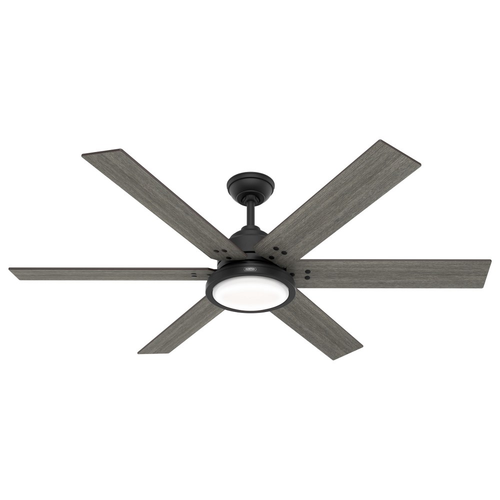 Hunter Fans-51474-Warrant - 60 Inch 6 Blade Ceiling Fan with Light Kit and Wall Control   Matte Black Finish with Dark Gray Oak/Barnwood Blade Finish with Painted Cased White Glass