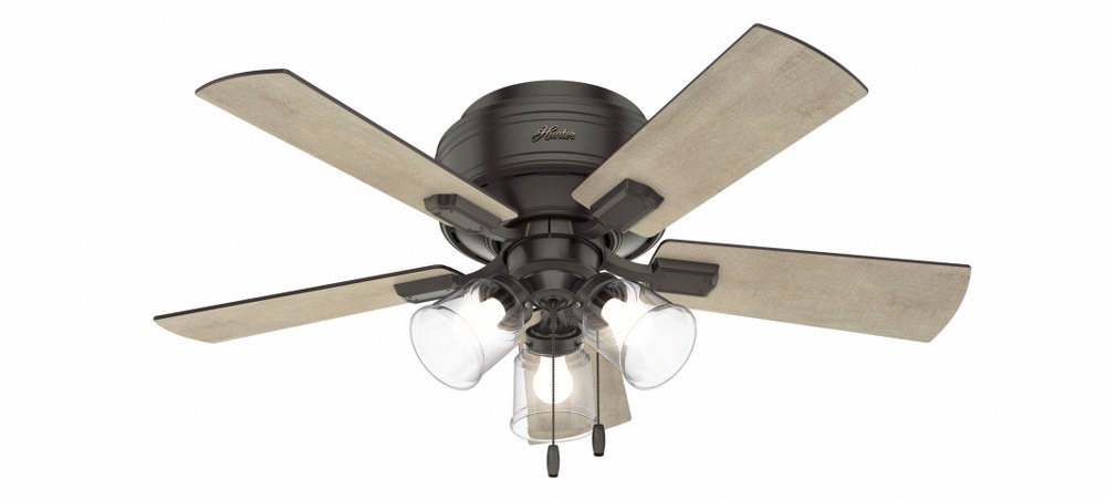 Hunter Fans-52153-Crestfield 42 Inch Low Profile Ceiling Fan with LED Light Kit and Pull Chain Noble Bronze  Brushed Nickel Finish with Natural Wood/Bleached Grey Pine Blade Finish with Clear Rippled 