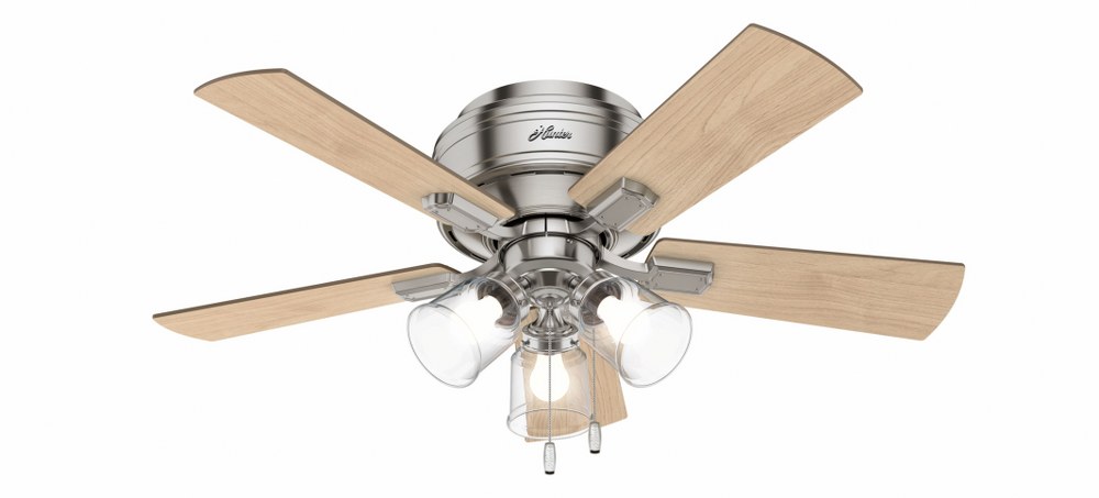 Hunter Fans-52154-Crestfield 42 Inch Low Profile Ceiling Fan with LED Light Kit and Pull Chain Brushed Nickel  Brushed Nickel Finish with Natural Wood/Bleached Grey Pine Blade Finish with Clear Ripple