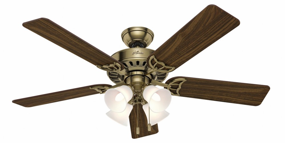 Hunter Fans-53063-The Studio Series - 52 Inch Ceiling Fan   Antique Brass Finish with Walnut/Medium Oak Blade Finish with Frosted Glass