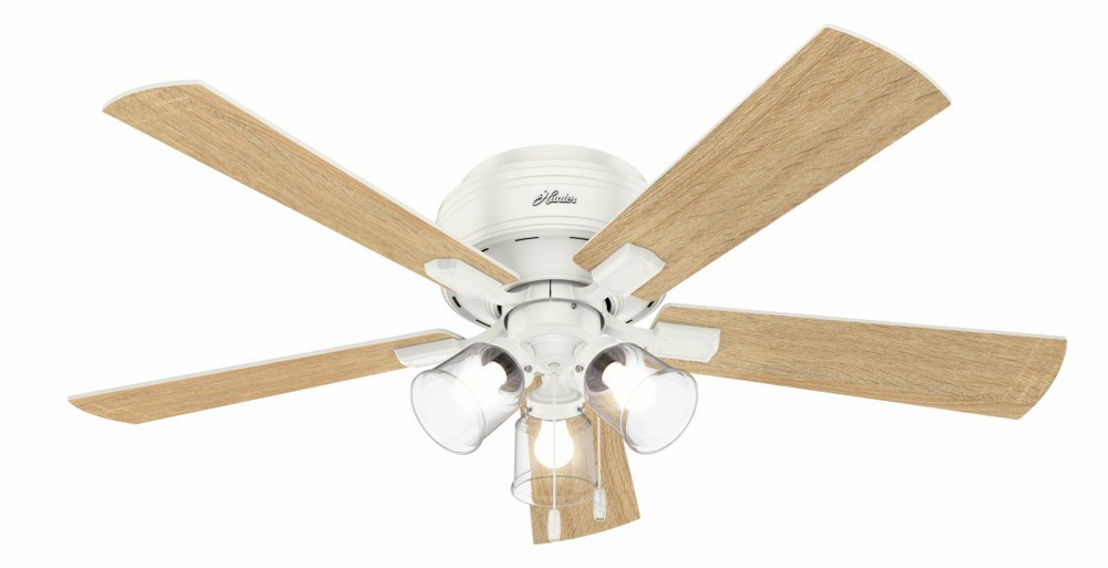 Hunter Fans-54207-Crestfield 52 Inch Low Profile Ceiling Fan with LED Light Kit and Pull Chain Fresh White  Brushed Nickel Finish with Natural Wood/Bleached Grey Pine Blade Finish with Clear Glass