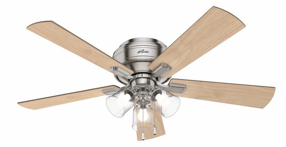 Hunter Fans-54209-Crestfield 52 Inch Low Profile Ceiling Fan with LED Light Kit and Pull Chain Brushed Nickel  Brushed Nickel Finish with Natural Wood/Bleached Grey Pine Blade Finish with Clear Glass